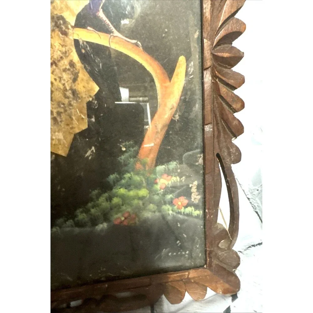 2 VTG Mexican Folk Art Feathercraft Feather Colorful Birds Carved Wood Frame